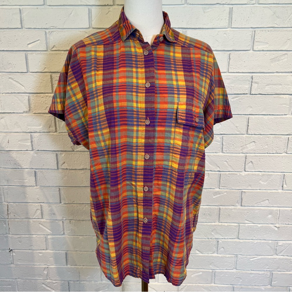 Vintage 90s Lizsport Liz Claiborne Orange Purple Madras Plaid Womens M